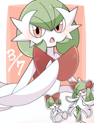 Rule 34 | 1other, 2girls, absurdres, blunt bangs, blush, bob cut, border, bowl cut, character cutout, child, colored skin, creatures (company), crossed legs, dated, dress, elbow gloves, flat chest, full body, game freak, gardevoir, gardevoir day, gen 3 pokemon, gloves, green hair, green skin, hair between eyes, hand up, hands up, highres, kirlia, long dress, looking at viewer, medium hair, mega gardevoir, mega pokemon, multicolored skin, multiple girls, nintendo, one eye closed, open mouth, outside border, pokemon, pokemon (creature), ralts, red background, red eyes, short hair, sidelocks, simple background, sitting, solo focus, standing, suzu (pixiv 32232702), two-tone skin, upper body, white border, white dress, white gloves, white skin, wink