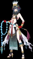 Rule 34 | 1girl, bare shoulders, black hair, blue hair, blunt bangs, blush, bracer, breasts, detached collar, eyeliner, facepaint, facial mark, fate/grand order, fate (series), feathers, full body, gold trim, grey eyes, halterneck, headdress, high collar, highres, jewelry, looking at viewer, makeup, multicolored hair, navel, necklace, official art, parted lips, pelvic curtain, sash, short hair, sidelocks, simple background, small breasts, solo, stomach, streaked hair, tassel, tenochtitlan (fate), thighs, whip, white background
