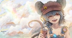 Rule 34 | 1girl, ;d, alternate costume, animal ears, arm at side, artist name, badge, bare shoulders, beret, bird, blizzomos, breasts, brown hat, cloud, cloudy sky, collarbone, cup, day, drink, drinking glass, drinking straw, eyelashes, fangs, fingernails, gem, glint, grey hair, hair between eyes, hand up, hat, head tilt, highres, holding, holding cup, holding drink, lips, long fingernails, looking at viewer, mouse ears, mouse tail, mug, naked overalls, nazrin, nose, one eye closed, open mouth, outdoors, overalls, red eyes, revision, short hair, sky, small breasts, smile, solo, suspenders, tail, teeth, tongue, touhou, upper body
