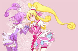 Rule 34 | 2girls, aida mana, ashlynx, bad id, bad pixiv id, bike shorts, blonde hair, blush, boots, brooch, couple, cure heart, cure sword, dokidoki! precure, eye contact, floral background, hair ornament, half updo, heart, heart brooch, heart hair ornament, holding hands, interlocked fingers, kenzaki makoto, lips, looking at another, multiple girls, pink eyes, ponytail, precure, purple eyes, purple hair, purple skirt, skirt, thigh boots, thighhighs, yuri