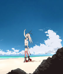 Rule 34 | 10s, 1girl, anchor hair ornament, arm at side, arm up, bare arms, bare shoulders, beach, black ribbon, blonde hair, blue skirt, blue sky, boots, cloud, commentary request, day, elbow gloves, footprints, from side, full body, gloves, grey footwear, hair ornament, hair ribbon, hairband, high heel boots, high heels, holding, holding clothes, holding gloves, horizon, kantai collection, knee boots, long hair, looking up, miniskirt, ocean, outdoors, outstretched arm, pleated skirt, ribbon, rock, sand, school uniform, serafuku, shadow, shimakaze (kancolle), shirt, shore, single elbow glove, skirt, sky, sleeveless, sleeveless shirt, solo, standing, striped clothes, striped thighhighs, sunlight, thighhighs, unworn gloves, water, white gloves, white shirt, youmak, zettai ryouiki