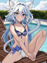 Rule 34 | 1girl, :&lt;, animal ear fluff, animal ears, bare arms, bare legs, bare shoulders, barefoot, beach chair, bikini, blue bow, blue eyes, blue hair, blue nails, bow, breasts, cat ears, cat tail, cleavage, collarbone, commentary, dorsiflexion, furina (genshin impact), genshin impact, hair intakes, highres, kemonomimi mode, long hair, looking at viewer, medium breasts, mismatched bikini, nail polish, navel, no headwear, pool, sitting, solo, stomach, swimsuit, tail, thighs, toenail polish, toenails, very long hair, vickie (cryingrobot), water, white hair