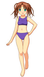 Rule 34 | 1girl, a1 (initial-g), absurdres, bare legs, barefoot, brown hair, female focus, full body, green eyes, highres, midriff, simple background, smile, solo, white background