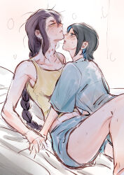 Rule 34 | 2girls, absurdres, bare arms, between legs, blue eyes, blue hair, blue shirt, blue shorts, blush, colored inner hair, commentary request, dutch angle, gundam, gundam suisei no majo, hickey, highres, holding hands, long hair, looking at another, maybecrosswise, multicolored hair, multiple girls, nika nanaura, on bed, purple hair, sabina fardin, saliva, saliva trail, shirt, short hair, short sleeves, shorts, tank top, yellow eyes, yellow tank top, yuri