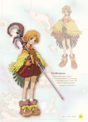 Rule 34 | 1boy, ankle boots, artbook, bag, blonde hair, boots, brown gloves, brown shorts, character name, collared shirt, concept art, english text, full body, gloves, looking at viewer, male focus, official art, orange shirt, polearm, poncho, purple eyes, rod, shirt, short hair, shorts, socks, staff, standing, text focus, tim rhymeless, weapon, white legwear, wild arms, wild arms 2