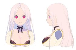 Rule 34 | 1girl, black choker, black neckwear, black ribbon, bra, breasts, brown bra, choker, cleavage, closed mouth, copyright request, cropped torso, cross-section, enkyo yuuichirou, jacket, large breasts, long hair, looking at viewer, mole, mole under eye, multiple views, parted bangs, pink hair, red eyes, ribbon, ribbon choker, simple background, underwear, upper body, white background, white jacket