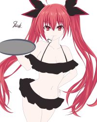 Rule 34 | 1girl, absurdres, artist name, bikini, black bikini, breasts, candy, cleavage, date a live, food, hair ribbon, hand on own hip, highres, itsuka kotori, legs, looking viewer, medium breasts, navel, red eyes, red hair, ribbon, smile, swimsuit, thighs, twintails
