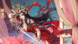 Rule 34 | 1girl, absurdres, beads, black hair, cai lin (doupo cangqiong), chang juejue, curtains, doupo cangqiong, dress, flower, from side, hair ornament, highres, lantern, long hair, looking at viewer, pointy ears, red dress, red eyes, second-party source, solo, sword, upper body, weapon