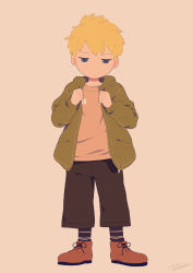Rule 34 | 1boy, bandaid, blonde hair, blue eyes, boots, commentary request, green jacket, jacket, looking at viewer, male focus, noeyebrow (mauve), original, shorts, simple background, socks, solo, unkempt