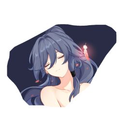 Rule 34 | 1girl, blue hair, closed eyes, closed mouth, completely nude, detective, feathers, fu hua, grey hair, high ponytail, honkai: star rail, honkai (series), honkai impact 3rd, long hair, mangzhi yaoyao, nude, official alternate costume, ponytail, red feathers, simple background, solo, white background