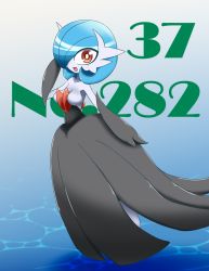 Rule 34 | 1girl, alternate color, blue background, blue hair, blush, breasts, creatures (company), female focus, full body, game freak, gardevoir, gen 3 pokemon, gradient background, hand up, looking at viewer, medium breasts, mega gardevoir, mega pokemon, neichii, nintendo, no nipples, open mouth, pokemon, pokemon (creature), red eyes, shiny pokemon, short hair, simple background, smile, solo, standing, text focus