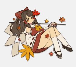 Rule 34 | 1girl, ass, bare shoulders, black footwear, bow, brown hair, closed mouth, detached sleeves, full body, gohei, grey background, hair bow, hakurei reimu, highres, holding, japanese clothes, leaf, long hair, looking at viewer, maple leaf, miko, mota, red eyes, red shirt, red skirt, shirt, simple background, skirt, smile, socks, solo, touhou, white sleeves, white socks
