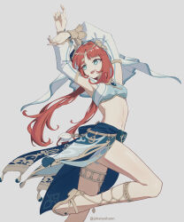 1girl :d absurdres armpits arms_up blunt_bangs circlet commentary dancer dancing detached_sleeves facing_viewer fake_horns genshin_impact gladiator_sandals green_eyes grey_background harem_outfit highres horns index_finger_raised jewelry johanyohann long_hair long_sleeves looking_to_the_side low_twintails navel neck_ring nilou_(genshin_impact) open_mouth outdoors red_hair sandals sidelocks simple_background smile solo standing standing_on_one_leg stomach twintails twitter_username veil