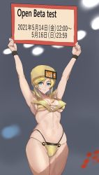 Rule 34 | 1girl, adapted costume, armpits, arms up, ashiomi masato, bare shoulders, bikini, blonde hair, blue eyes, breasts, cleavage, collarbone, dated, fur hat, guilty gear, guilty gear strive, hat, highleg, highleg bikini, highres, large breasts, looking at viewer, medium hair, millia rage, navel, round girl, sign, smile, solo, swimsuit, thighs, ushanka, yellow bikini