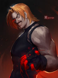 Rule 34 | 1boy, blonde hair, blood, facial hair, fingerless gloves, gloves, grin, highres, long hair, looking at viewer, male focus, multicolored eyes, muscular, mustache, red eyes, rugal bernstein, smile, snk, solo, tank top, the king of fighters, xiaoguimist