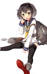 Rule 34 | 10s, 1girl, :d, alternate legwear, anchor, bad id, bad pixiv id, black hair, black thighhighs, clenched hand, cnm, dress, gradient hair, headgear, kantai collection, long sleeves, looking at viewer, multicolored hair, neckerchief, open mouth, sailor collar, sailor dress, seamed legwear, short hair, side-seamed legwear, sitting, smile, solo, thighhighs, tokitsukaze (kancolle), white background