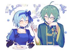 Rule 34 | 1boy, 1girl, ahoge, aqua hair, ashe bradley, blue bow, blue choker, blue dress, blue flower, blue gloves, blue hair, blue hairband, bow, braid, cake, choker, claire elford, closed mouth, collarbone, dress, elbow gloves, flower, food, fork, frilled choker, frills, gloves, green jacket, hair between eyes, hair bow, hairband, hand on own chin, hand up, highres, holding, holding fork, jacket, nabob, open mouth, plate, puffy short sleeves, puffy sleeves, short hair, short sleeves, single braid, smile, twitter username, white background, wide sleeves, witch&#039;s heart, yellow bow, yellow trim