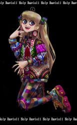 Rule 34 | 1girl, :d, black background, blonde hair, blue eyes, bow, bright pupils, brown nails, colorful, divel qree, fingernails, full body, hair bow, hand up, highres, jacket, jewelry, long hair, long sleeves, looking at viewer, multicolored clothes, multicolored footwear, multicolored jacket, multicolored legwear, multiple rings, nail polish, open clothes, open jacket, open mouth, original, pants, purple bow, ring, ringed eyes, shoes, simple background, smile, sneakers, solo, twintails, white pupils
