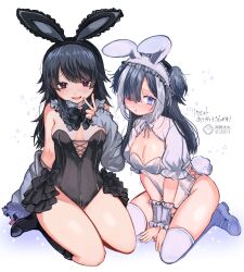 Rule 34 | 2girls, absurdres, animal ears, ano nimaru, bare legs, black bow, black bowtie, black footwear, black hair, black leotard, blue eyes, blue footwear, blue hair, blush, boots, bow, bowtie, breasts, cleavage, commentary request, commission, detached sleeves, embarrassed, fake animal ears, hair over one eye, highres, knee boots, large breasts, leotard, long hair, looking at viewer, medium breasts, multicolored hair, multiple girls, original, parted lips, pixiv commission, playboy bunny, purple eyes, rabbit ears, rabbit tail, shrug (clothing), simple background, smile, sparkle, star (symbol), strapless, strapless leotard, streaked hair, tail, thighhighs, v, white background, white hair, white leotard, white shrug, white thighhighs