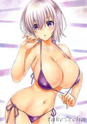 Rule 34 | 1girl, alternate costume, bikini, blush, board game, breasts, cleavage, collarbone, cowboy shot, eyes visible through hair, fate/grand order, fate (series), fou (fate), go (board game), hair over one eye, highres, large breasts, light purple hair, looking at viewer, marker (medium), mash kyrielight, navel, open mouth, purple background, purple eyes, short hair, solo, standing, swimsuit, takecha, traditional media, upper body, white background