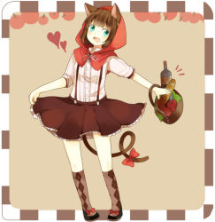Rule 34 | 1girl, alcohol, animal ears, apple, argyle, argyle clothes, argyle legwear, bad id, bad pixiv id, basket, blue eyes, bottle, cat ears, cat tail, fang, food, fruit, green eyes, heart, hood, little red riding hood, original, pun2, simple background, skirt, solo, standing, tail, wine