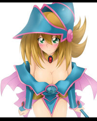 Rule 34 | 1girl, angry, bad id, bad pixiv id, bare shoulders, blonde hair, blush, blush stickers, boots, breasts, choker, cleavage, clenched hand, collarbone, dark magician girl, duel monster, gauntlets, green eyes, hat, highres, jewelry, large breasts, long hair, love (pspdspsp), necklace, pentacle, pout, shirt, skirt, solo, staff, strapless, wizard hat, yu-gi-oh!, yuu-gi-ou, yu-gi-oh! duel monsters