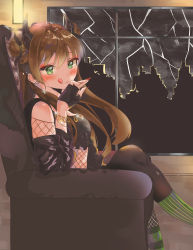Rule 34 | 1girl, :q, absurdres, ahoge, asymmetrical legwear, bare shoulders, black gloves, blush, bow, bracelet, breasts, brown hair, cityscape, couch, crop top, crossed legs, dark sky, double bun, earrings, elbow rest, fingerless gloves, fishnet fabric, from side, girls&#039; frontline, gloves, green eyes, green socks, hair between eyes, hair bow, hair bun, half gloves, hand up, highres, hoop earrings, horns, indoors, jacket, jewelry, kneehighs, lightning, long hair, looking at viewer, medium breasts, off shoulder, panda 0078, pantyhose, rfb (girls&#039; frontline), sidelocks, sitting, smile, socks, solo, sparkle, striped clothes, striped socks, tongue, tongue out, uneven legwear