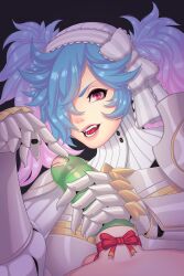Rule 34 | 1boy, 1girl, absurdres, armor, black background, blue hair, bow, christmas, condom, erection, fire emblem, fire emblem fates, gift, gloved handjob, gradient hair, hair bow, hair over one eye, handjob, hetero, highres, large penis, lips, long hair, looking at viewer, multicolored hair, nintendo, open mouth, penis, peri (fire emblem), pink hair, red eyes, seios, twintails, two-tone hair, upper body