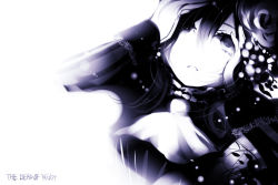 Rule 34 | 1girl, arms up, ascot, bad id, bad pixiv id, dress, from above, hajimenimodoru, long sleeves, looking up, monochrome, original, purple theme, simple background, solo, white background