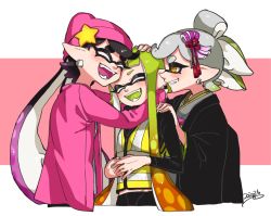 Rule 34 | + +, 3girls, agent 3 (splatoon), arms around neck, beanie, bike shorts, black haori, black shirt, black shorts, blunt bangs, callie (splatoon), closed eyes, colored tongue, cousins, cropped torso, dated, fangs, food, gradient hair, green hair, green tongue, grey hair, grey kimono, grin, hair ornament, hand on another&#039;s head, hand on another&#039;s shoulder, haori, happy, hat, hat ornament, hug, inkling, inkling girl, inkling player character, jacket, japanese clothes, kimono, long hair, long sleeves, marie (splatoon), multicolored hair, multiple girls, nintendo, obi, open clothes, open jacket, open mouth, orange eyes, orange hair, own hands together, pointy ears, purple headwear, purple jacket, purple tongue, sash, sharp teeth, shirt, shorts, smile, splatoon (series), splatoon 1, splatoon 2, squidbeak splatoon, star (symbol), star hat ornament, sushi, teeth, vest, yellow vest, yeneny