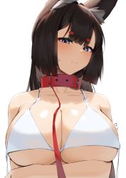 Rule 34 | 1girl, absurdres, amagi (azur lane), animal ear fluff, animal ears, arms under breasts, artist name, azur lane, belt collar, bikini, blush, breast hold, breasts, brown hair, cleavage, closed mouth, collar, commentary, eyeshadow, fox ears, highres, huge breasts, leash, looking at viewer, lordol, makeup, mismatched eyebrows, purple eyes, red collar, simple background, solo, swimsuit, thick eyebrows, white background, white bikini