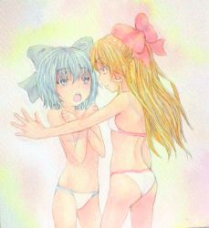Rule 34 | 2girls, alternate costume, ass, back, bikini, blue eyes, blue hair, bow, brown eyes, brown hair, chestnut mouth, cirno, collarbone, covering privates, covering breasts, cowboy shot, crossed arms, glaring, hair bow, hair tubes, hakurei reimu, highres, long hair, looking at another, looking at viewer, multiple girls, open mouth, painting (medium), pink background, pinned, short hair, shoulder blades, surprised, swimsuit, topless, touhou, traditional media, watercolor (medium), white bikini, yuyu (00365676)