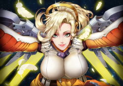 Rule 34 | 1girl, aqua eyes, blonde hair, bodysuit, breasts, eyelashes, feathers, glowing, halo, highres, large breasts, lens flare, light particles, lips, long hair, looking at viewer, mechanical halo, mechanical wings, mercy (overwatch), night, outstretched arms, overwatch, overwatch 1, ponytail, qi kou, red lips, sky, smile, solo, star (sky), starry sky, upper body, wings, yellow wings
