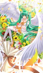 Rule 34 | 1girl, bouquet, flower, full body, green eyes, green hair, happy birthday, hatsune miku, high heels, highres, long hair, looking at viewer, mini person, minigirl, skirt, smile, solo, swordsouls, thighhighs, twintails, very long hair, vocaloid, white thighhighs, wings