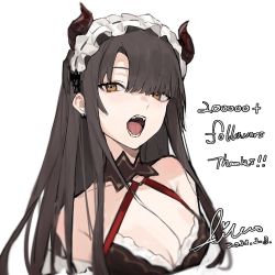 Rule 34 | 1girl, :o, aiko (kanl), bare shoulders, black hair, blurry, breasts, brown eyes, cleavage, cropped torso, dated, demon horns, fangs, halterneck, halterneck, headdress, horns, long hair, looking at viewer, medium breasts, open mouth, original, sidelocks, simple background, solo, taya (aiko), white background