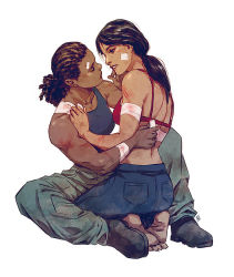 Rule 34 | 2girls, back, bandages, bandaid, bandaid on face, bandaid on forehead, barefoot, black hair, blood, boots, bra, breasts, brown hair, cargo pants, chloe frazer, combat boots, commission, cuts, dark skin, dark-skinned female, denimcatfish, closed eyes, full body, dreadlocks, imminent kiss, injury, interracial, lips, long hair, looking at another, medium breasts, multiple girls, muscular, muscular female, nadine ross, nose, pants, red bra, topless male, sleeveless, tank top, uncharted, uncharted: the lost legacy, underwear, very dark skin, white background, yuri