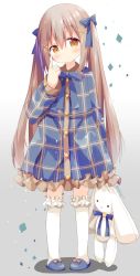 Rule 34 | 1girl, blue bow, blue dress, blue footwear, blush, bow, brown eyes, brown hair, commentary request, dress, frilled dress, frilled socks, frills, full body, gradient background, grey background, hair between eyes, hair bow, hair ornament, hairclip, hand up, head tilt, highres, index finger raised, kneehighs, long hair, looking at viewer, nakkar, original, pigeon-toed, plaid, plaid dress, slippers, socks, solo, standing, stuffed animal, stuffed rabbit, stuffed toy, twintails, very long hair, white background, white socks, x hair ornament