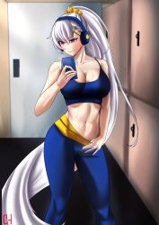 Rule 34 | 1girl, abs, absurdly long hair, azur lane, belfast (azur lane), blue bra, blue pants, blush, bra, breasts, cellphone, choister, cleavage, clothes pull, commentary, door, english commentary, hair ornament, hair scrunchie, hairclip, headphones, highres, holding, holding phone, indoors, large breasts, long hair, looking at phone, midriff, navel, pants, pants pull, phone, ponytail, purple eyes, scrunchie, silver hair, smartphone, smile, solo, sports bra, sweat, tight clothes, tight pants, underwear, very long hair, yellow scrunchie, yoga pants