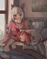 Rule 34 | 2girls, absurdres, animal ears, arknights, bed, black pantyhose, black shirt, blush, bright pupils, closed eyes, closed mouth, fox ears, fox girl, fox tail, frostleaf (arknights), grey hair, headpat, highres, long hair, long sleeves, looking at another, lying, material growth, multiple girls, nail polish, on bed, on side, open mouth, oripathy lesion (arknights), pantyhose, pillow, pink shirt, red eyes, red hair, red nails, shirt, sitting, sleeping, slit pupils, smile, tail, togekk0, very long hair, vigna (arknights), window, yuri