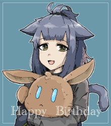 Rule 34 | 1girl, :d, absurdres, animal ears, arknights, black gloves, black hair, blue background, cat ears, cat girl, cat tail, fang, gloves, green eyes, grey jacket, happy birthday, highres, jacket, jessica (arknights), kumamu, layered sleeves, long hair, long sleeves, looking at viewer, multicolored hair, hugging object, open mouth, short over long sleeves, short sleeves, simple background, smile, solo, streaked hair, stuffed animal, stuffed rabbit, stuffed toy, tail