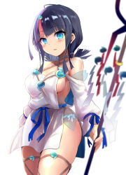 Rule 34 | 1girl, bare shoulders, black hair, blue eyes, blue ribbon, blush, breasts, collarbone, dress, fate/grand order, fate/requiem, fate (series), fundoshi, highres, japanese clothes, jewelry, large breasts, long sleeves, looking at viewer, magatama, magatama hair ornament, magatama necklace, medium hair, multicolored hair, necklace, open mouth, pelvic curtain, pink hair, polearm, puffy long sleeves, puffy sleeves, ribbon, sen (astronomy), short dress, sideboob, sideless outfit, sidelocks, solo, spear, streaked hair, thighs, utsumi erice, weapon, white dress