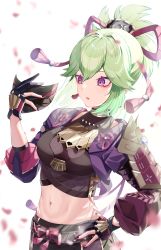 Rule 34 | 1girl, :o, absurdres, armor, breasts, crop top, cropped jacket, eyeshadow, genshin impact, gloves, green hair, hair between eyes, hand on own hip, highres, holding, holding mask, kuki shinobu, long hair, looking at object, makeup, mask, medium breasts, midriff, navel, open mouth, partially fingerless gloves, petals, ponytail, purple eyes, rinne (ren rene 000), sash, simple background, tsurime, upper body, white background