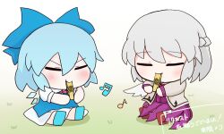 Rule 34 | 2girls, blue bow, blue dress, blue hair, bow, chibi, cirno, closed eyes, commission, detached wings, dress, fumo (doll), grey hair, hair bow, holding, holding instrument, ice, ice wings, instrument, jacket, kishin sagume, light blush, multiple girls, music, musical note, pixiv commission, playing instrument, purple dress, rei (tonbo0430), short hair, single wing, smile, suit jacket, touhou, white wings, wings