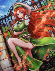 Rule 34 | 1girl, blue eyes, braid, female focus, fighting stance, gate, hat, hong meiling, legs, long hair, long legs, oil painting (medium), painting (medium), red hair, revision, scarlet devil mansion, solo, tafuto, thighs, touhou, traditional media, twin braids