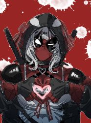 Rule 34 | 1boy, black collar, black gloves, black jacket, bodysuit, bow, bow (bhp), camisole, collar, commentary, cosplay, deadpool, deadpool (series), frilled camisole, frills, gloves, grey hair, hair ornament, hairclip, heart, heart hands, hololive, holox, hood, hood up, jacket, katana, looking at viewer, male focus, marvel, off-shoulder jacket, off shoulder, one eye closed, plaid, plaid bow, red background, red bodysuit, red bow, sakamata chloe, sakamata chloe (cosplay), sheath, sheathed, solo, sword, sword behind back, upper body, virtual youtuber, weapon, weapon on back, white camisole, x hair ornament