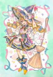Rule 34 | 1girl, :d, absurdres, ace (playing card), ace of spades, black bow, black legwear, blue bow, book, bow, braid, broom, card, commentary, confetti, dress, dress bow, eruko hoshimine, hair bow, hat, heart, highres, melting, open mouth, original, playing card, pointing, pointing at self, rabbit, ribbon, smile, spade (shape), standing, star (symbol), symbol-only commentary, traditional media, twin braids, witch hat