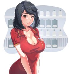 Rule 34 | 1girl, absurdres, alfamart, blush, brand name imitation, breasts, brown eyes, cleavage, closed mouth, collarbone, collared dress, dress, employee uniform, frown, highres, indonesia, large breasts, looking at viewer, medium hair, original, red dress, simple background, solo, uniform, upper body, white background, yeulfwt