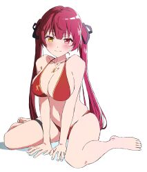 Rule 34 | 1girl, absurdres, barefoot, bikini, black ribbon, blush, breasts, closed mouth, collarbone, eyelashes, feet, full body, gold trim, hair ornament, hair ribbon, hairclip, heterochromia, highres, hololive, houshou marine, houshou marine (summer), large breasts, legs, long hair, looking at viewer, micro bikini, mugi0913, navel, official alternate costume, on ground, red bikini, red eyes, red hair, ribbon, simple background, sitting, skindentation, smile, solo, swimsuit, thigh strap, toenails, toes, twintails, very long hair, virtual youtuber, wariza, white background, yellow eyes