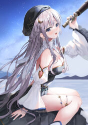 Rule 34 | 1girl, black eyes, black headwear, breasts, cloud, cloudy sky, hat, highres, holding, holding telescope, large breasts, long hair, makeup, open mouth, original, rouge (makeup), sitting, sky, star (sky), straight hair, telescope, thighs, white hair, yana mori