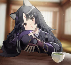 Rule 34 | 1girl, absurdres, animal ears, arknights, bannouyakunta, black hair, blurry, blush, commentary request, cup, depth of field, dog ears, facial mark, fingerless gloves, forehead mark, gloves, green tea, highres, indoors, long hair, looking at viewer, open mouth, purple gloves, purple shirt, saga (arknights), shirt, solo, table, tea, upper body, yellow eyes